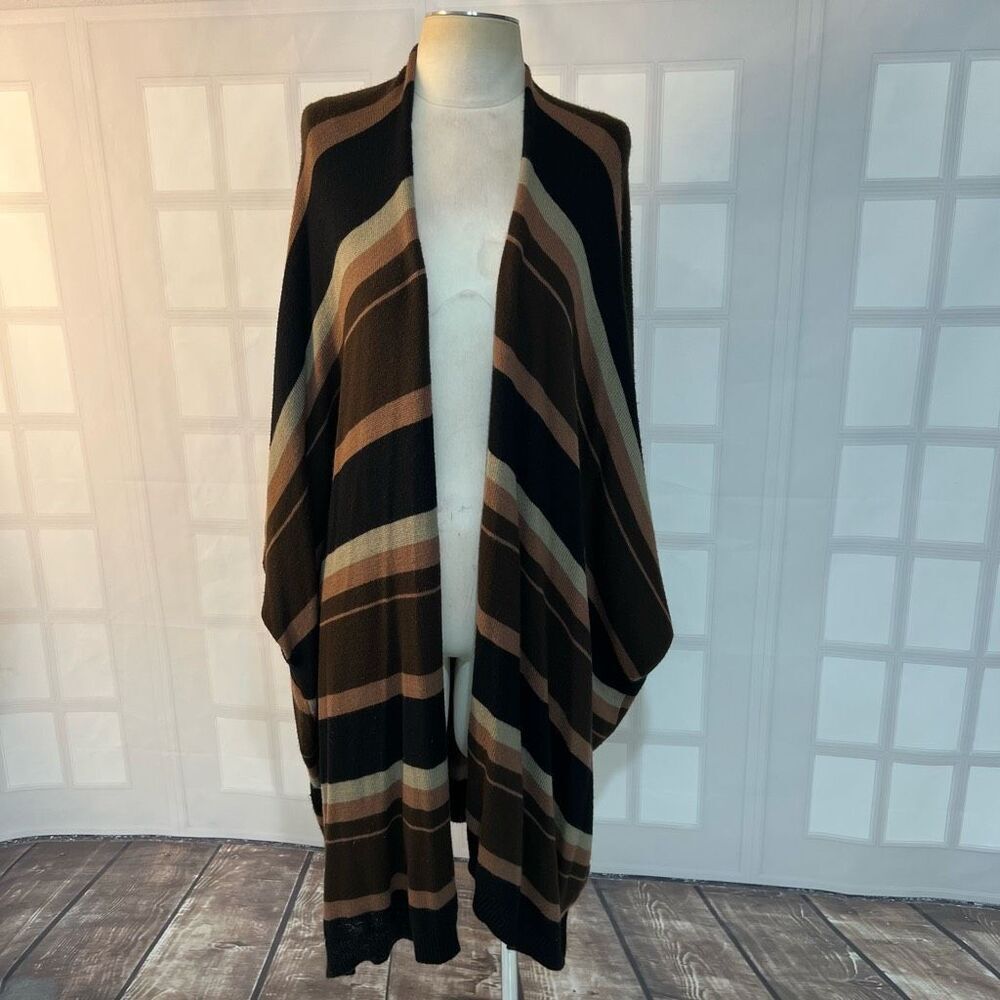KK Intl. Brown Stripes Knit Open Front Poncho Long Cardigan Sweater Size XL